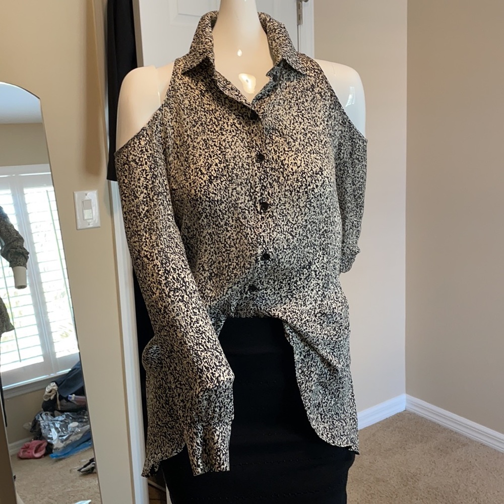 PARKER Silk Button Down Collared Blouse Shirt Cold Shoulder Asymmetrical Top XS